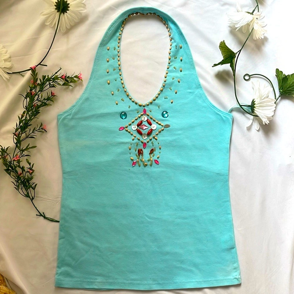 Turquoise Halter Neck Top with Embellishments